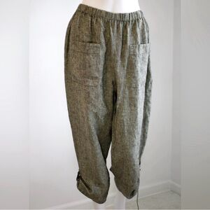 FLAX Linen Crop High Elasticated Waist Button Hem Lagenlook Women's Pants Size S